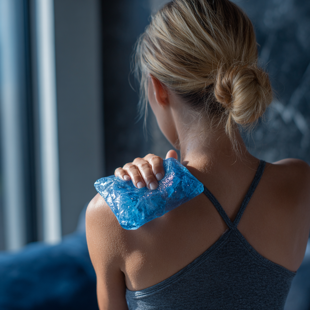 female holding blue ice pack on shoulder