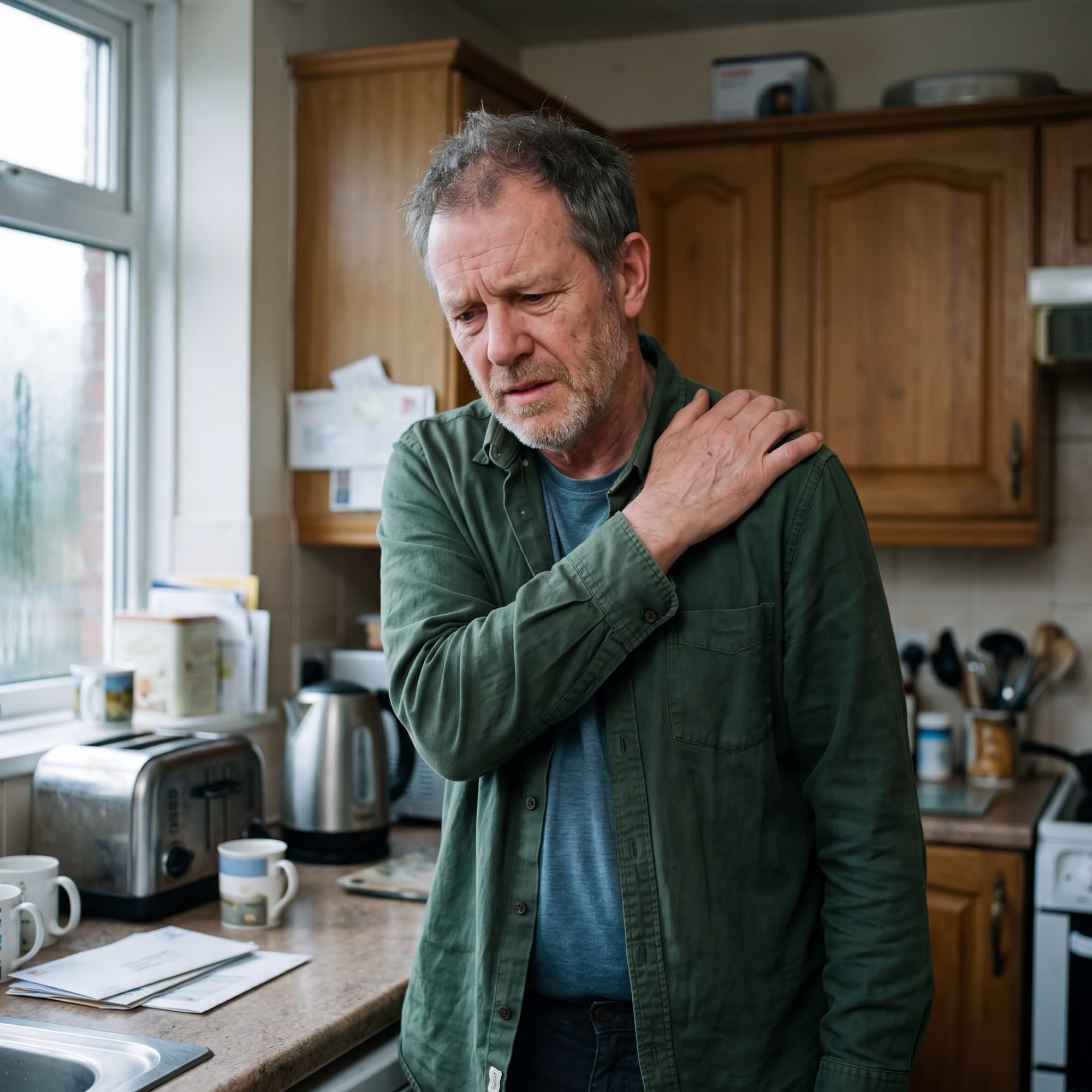 A man wincing and holding his aching shoulder at home